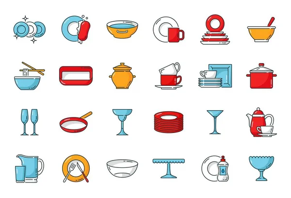 Kitchen Plates Dishes Utensils Color Outline Icons Vector Food Cook — Stock Vector