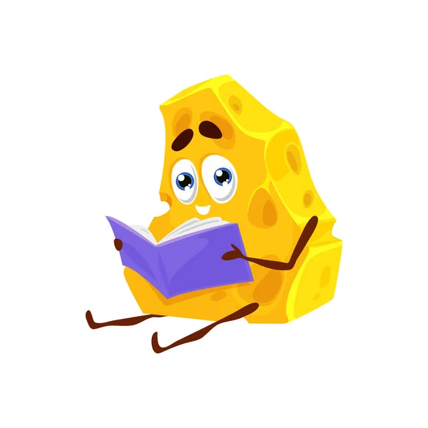 Cartoon Cheese Reading Book Funny Food Vector Character Cute Smiling — Archivo Imágenes Vectoriales