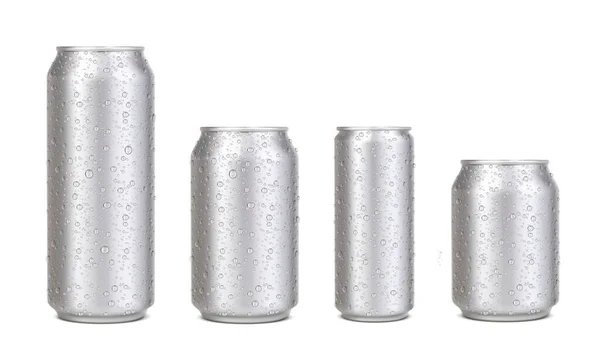 Realistic Aluminium Cans Water Drops Silver Beer Soda Lemonade Juice — Vector de stock