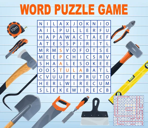 DIY ve tamir araçları kelime bulmaca quiz oyun çalışma tablosu. Vektör çekiç, kerpeten, spatula ve mezura, kürek, testere, balta ve bıçak, yıkım çubuğu, bina ve marangozluk aletleri labirenti