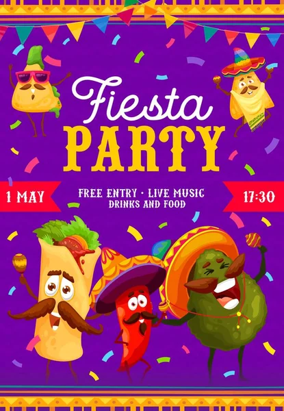 Fiesta Party Flyer Cartoon Mexican Food Characters Vector Poster Burrito — Vettoriale Stock