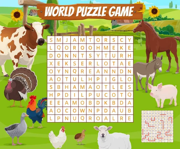 Cartoon Boerderij Dieren Woord Zoeken Puzzel Spel Werkblad Kinderen Quiz — Stockvector