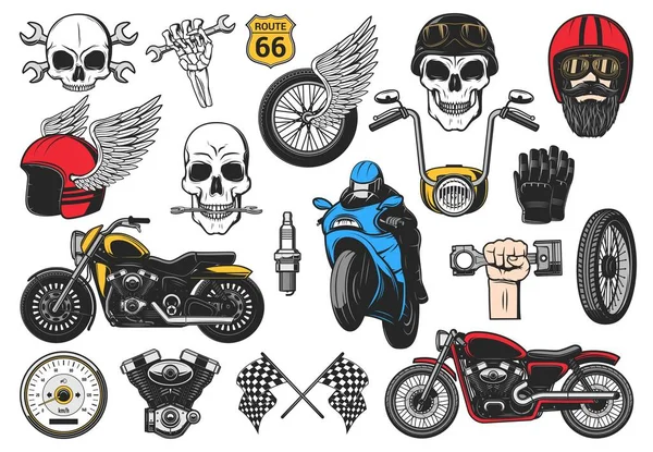 Bikers Racing Motorcycle Sport Speedway Icons Skull Chopper Bike Vector — Stock Vector