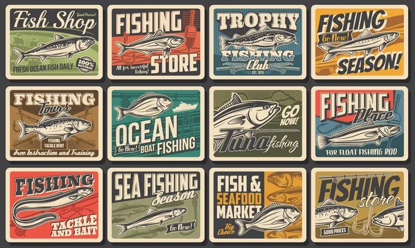 Pesca Manifesti Vintage Sportivi Mercato Del Pesce Dei Frutti Mare — Vettoriale Stock