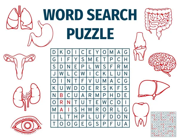 Human Body Organs Word Search Puzzle Game Worksheet Vector Riddle — 스톡 벡터