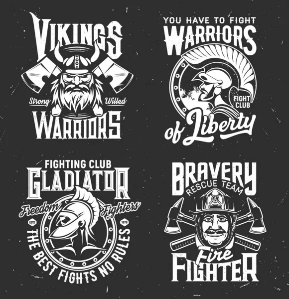 Camiseta Impresa Con Vikingo Gladiador Bombero Guerrero Antiguo Mascotas Vectoriales — Vector de stock