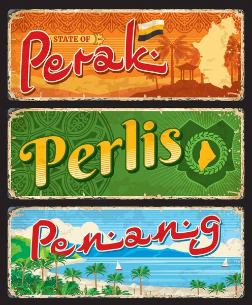 Perak Penang Perils Malaysian Regions Travel Stickers Plates Vector Tin — Stok Vektör