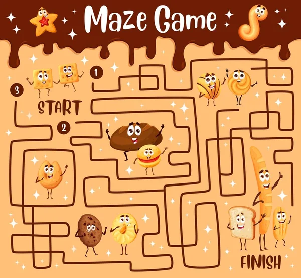 Labyrinth Maze Game Cartoon Bakery Sweets Characters Vector Pathfinding Puzzle — стоковый вектор