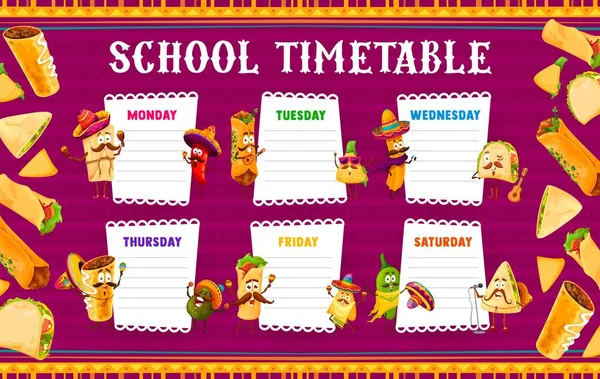 Cartoon Mexican Food Characters Timetable Schedule Kids Education Vector School — Vettoriale Stock