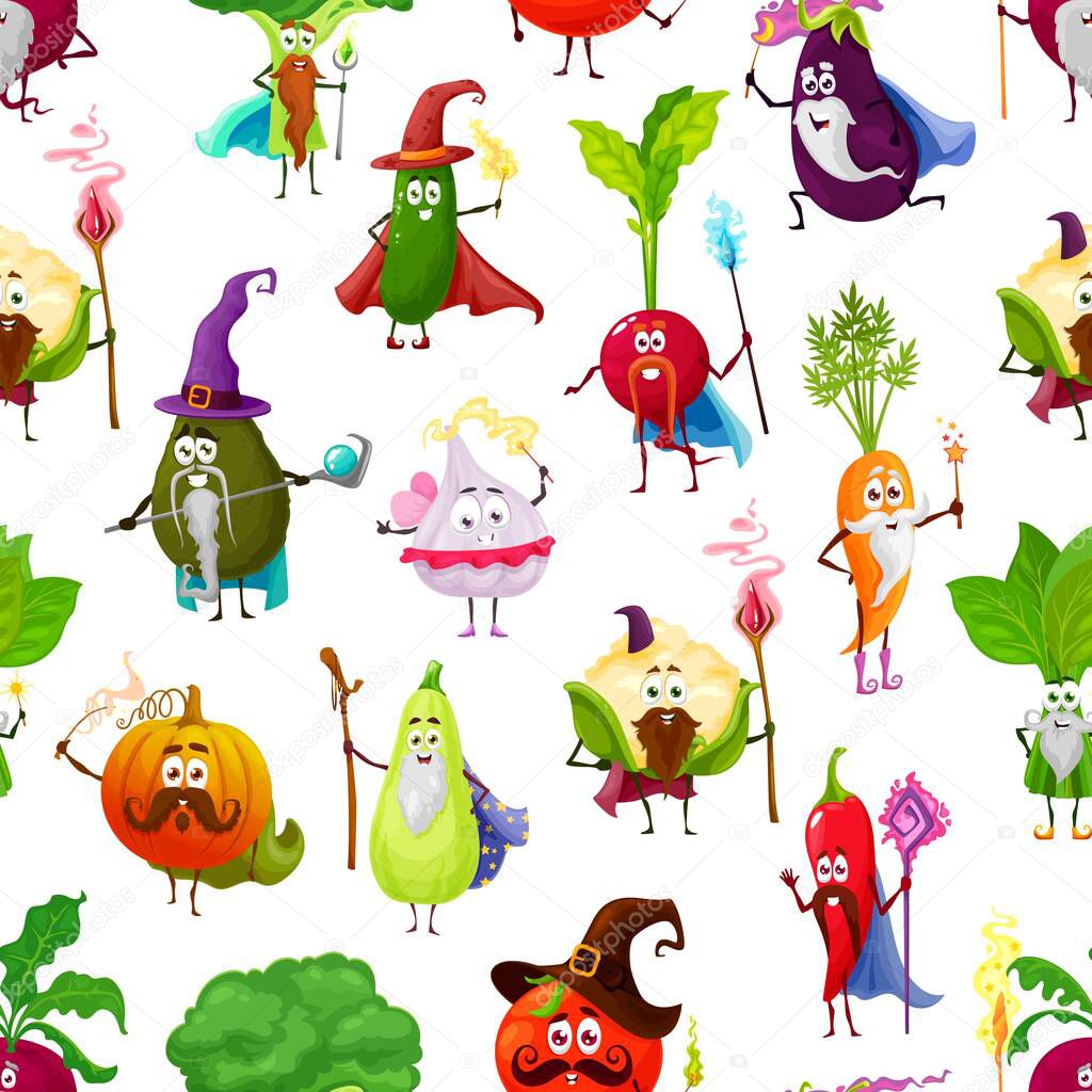 Cartoon vegetables, fairy wizards, warlock mages and magician characters, vector seamless pattern background. Vegetables wizards magicians with magic wands, pumpkin and cucumber with pepper and carrot
