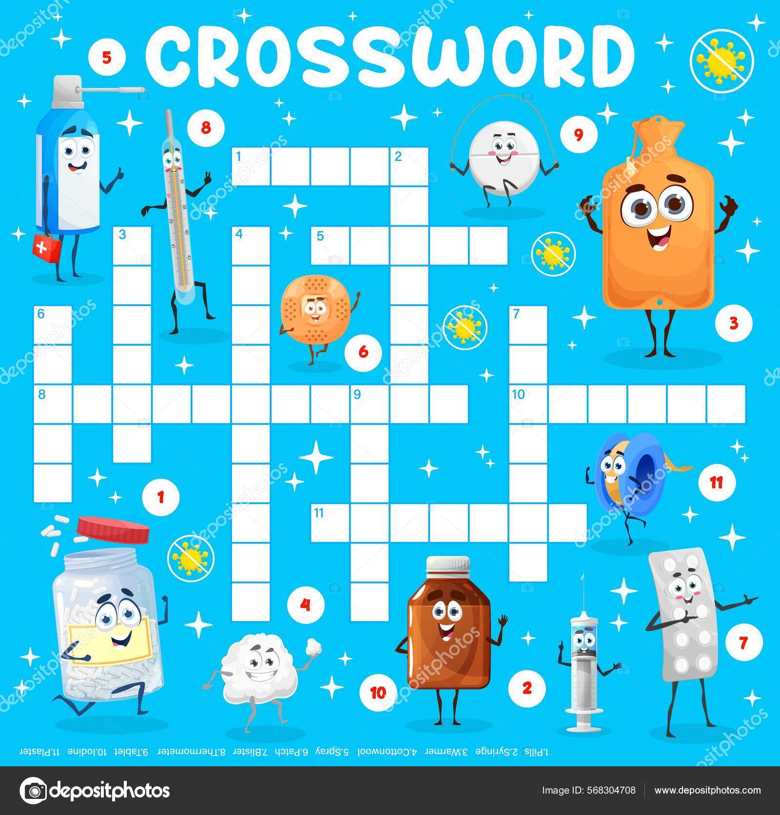 Crossword Game Worksheet Grid Cartoon Medication Devices Characters
