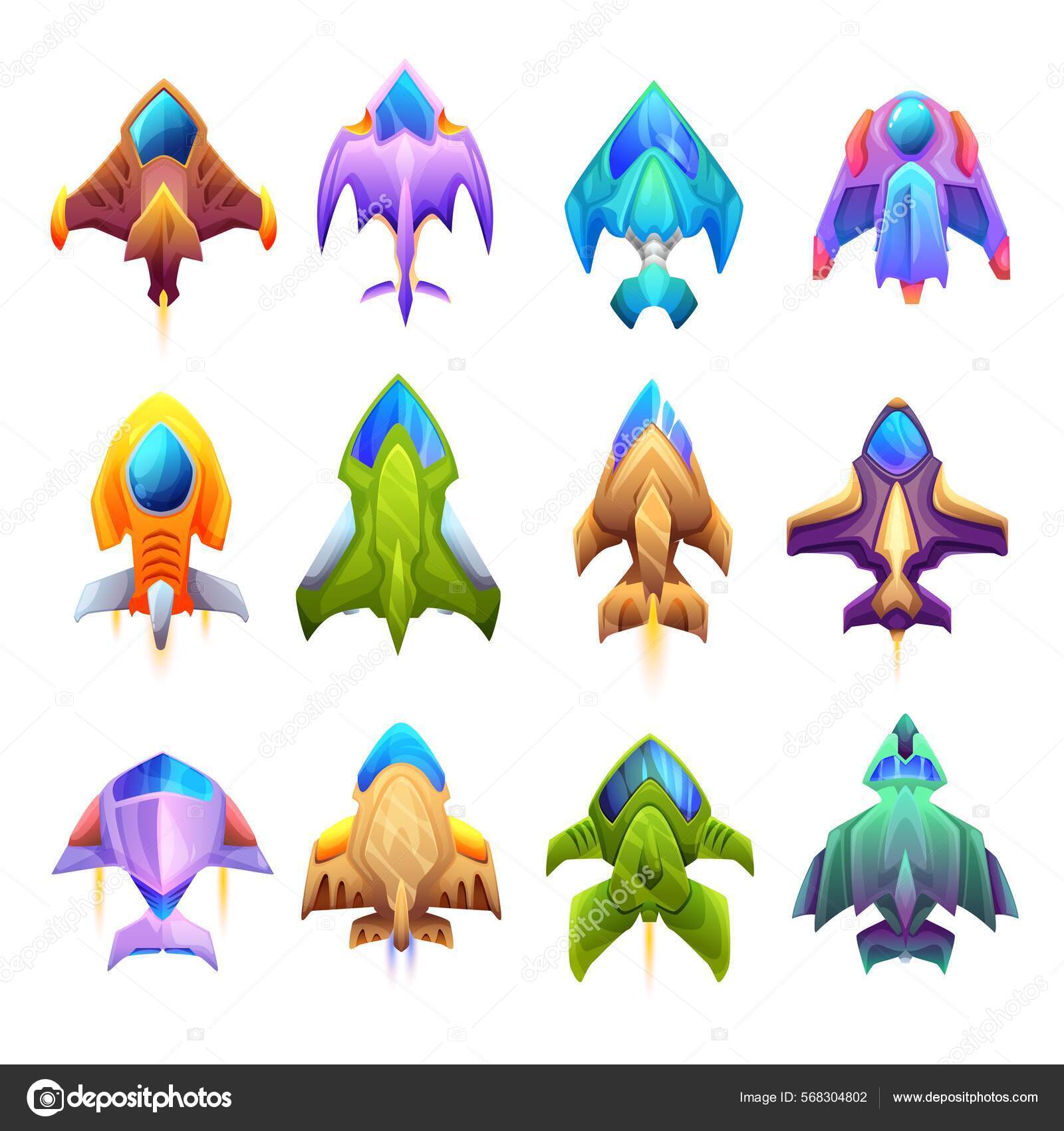 Cartoon Starship Spacecraft Spaceship Icons Isolated Fantasy.