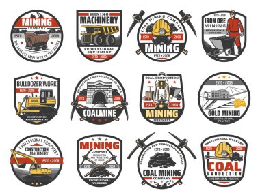Kömür ve altın madenciliği endüstrisi ikonu, kömür madeni makineleri ve işçiler. Taşıma kamyonu, el arabası ve buldozerli madenci, kazıcı, çöp arabası ve mayın ıslah edici, kömür madeni tüneli, kazma ve fener.