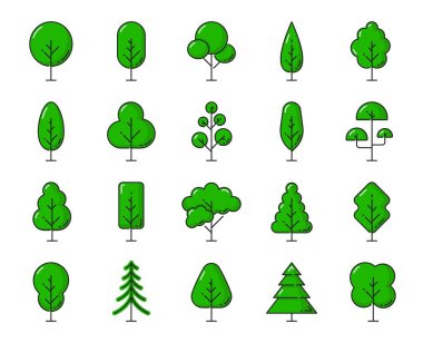 Forest green tree and plant outline icons, isolated vector garden and park trees thin line symbols with summer green leaves and branches. Ecology, save nature and environment protection
