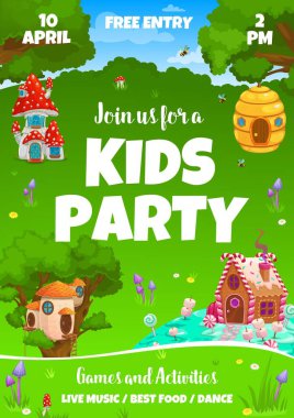 Kids party vector flyer with fairytale mushroom, beehive, caramel and nest dwellings. Cartoon houses and huts in forest, fairy dwarf or elf home shelters in mushroom amanita or gingerbread cookie