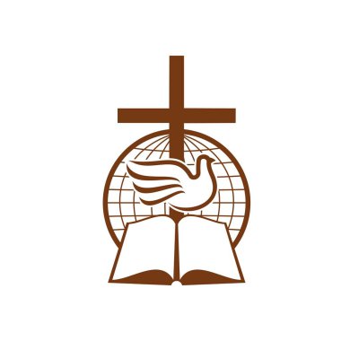 Symbol of christianity with globe, Bible book and dove. Christian religion, church or mission outline vector sign. Christian community emblem with sacred symbols and globe clipart