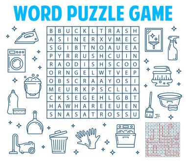 Housing, washing and cleaning tools, word search puzzle game, vector worksheet quiz grid. Kids education riddle game to search and find words of washer, gloves and bucket with vacuum cleaner and iron