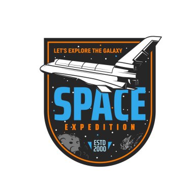 Galaksi evrenindeki uzay mekiği, uzay gemisinin uzay, ay, gezegen, yıldızlar ve asteroitli izole vektör ikonu. Uzay yolculuğu, galaksi keşfi ve macera sembolü.