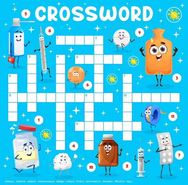 Crossword Game Worksheet Grid Cartoon Medication Devices Characters Vector Kids — стоковый вектор