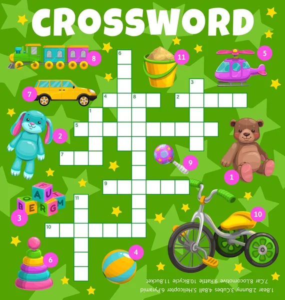 Cartoon Kids Toys Vector Crossword Worksheet Find Word Quiz Game — ストックベクタ