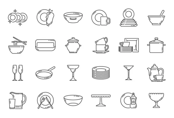 厨房用具 盘子和器皿 矢量餐具 厨房用具 细线符号 厨房玻璃器皿 平底锅 平底锅 面碗图标 — 图库矢量图片