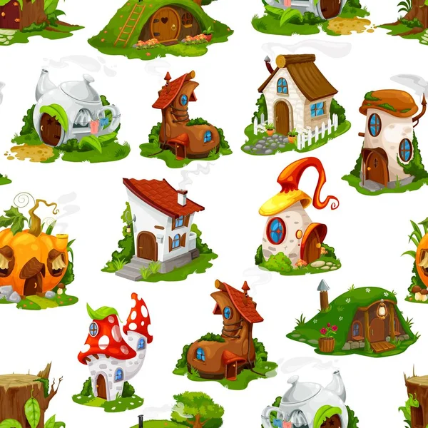 Cartoon Fairy Tale Houses Dwellings Seamless Pattern Background Vector Mushroom — 图库矢量图片