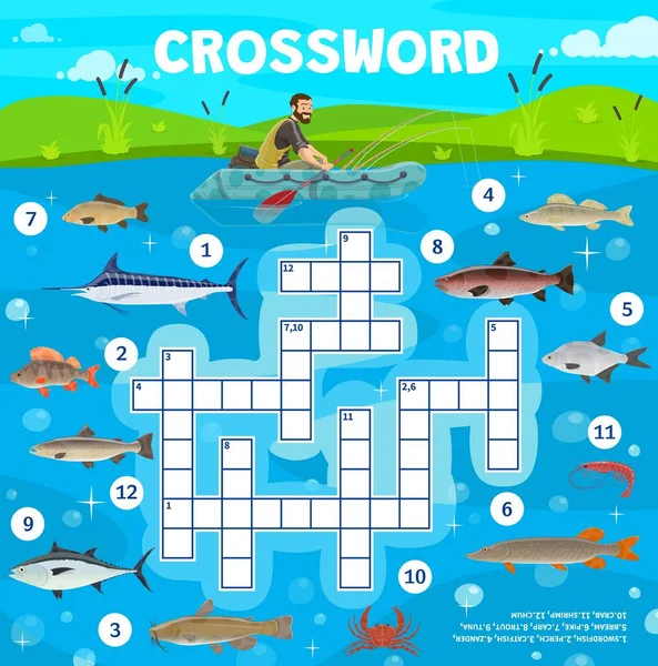 Fish Fishing Sport Crossword Puzzle Game Grid Quiz Worksheet Vector — стоковый вектор