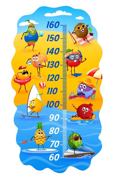 Детский рисунок роста с забавным мультфильмом о летнем пляжном отдыхе. Диаграмма роста ребенка, векторный метр роста с счастливыми персонажами фруктов плавание, дайвинг и серфинг на пляже