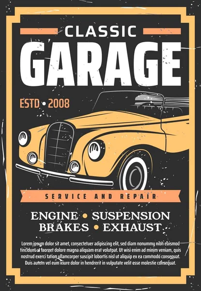 Retro Auto Repararea Restaurarea Poster Service Mașini Clasice Motor Evacuare — Vector de stoc