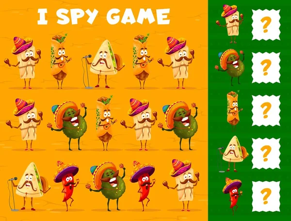 Cartoon Mexican Food Characters Spy Game Worksheet Vector Kids Puzzle — ストックベクタ