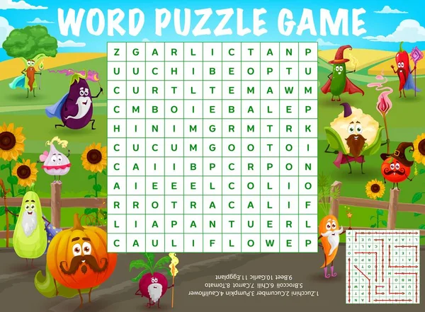 Cartoon Vegetable Wizard Magician Characters Farm Field Word Search Puzzle — Image vectorielle