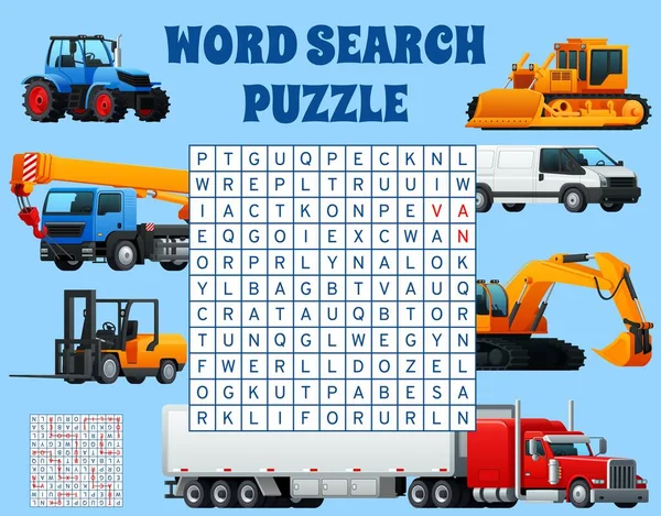 Construction machinery, heavy equipment and transport word search puzzle game, vector worksheet. Quiz grit to search and find words of industry machinery trucks, excavator and tractor