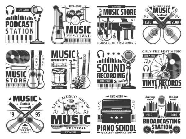 Music Isolated Vector Icons Musical Instruments Microphones Vinyl Records Notes — Stockvektor