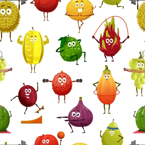 Cartoon Funny Fruit Sportsman Athlete Characters Seamless Pattern Vector Background — Wektor stockowy
