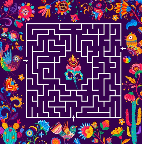 Kids Labyrinth Maze Worksheet Mexican Alebrije Hummingbird Flowers Feathers Vector — Stockvector