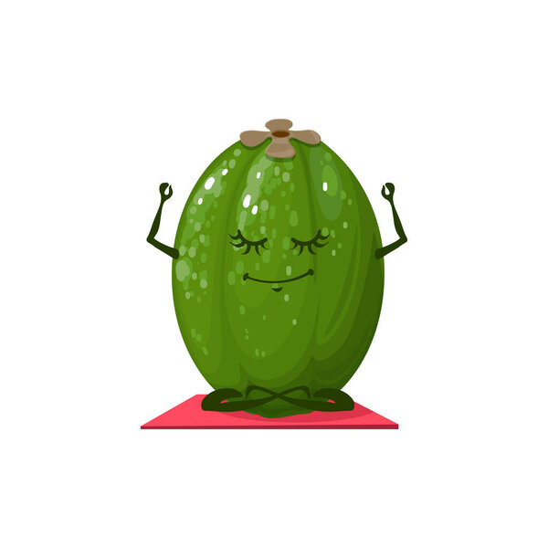 Cartoon Feijoa Fruit Character Yoga Pose Funny Ripe Fruit Mascot Лицензионные Стоковые Векторы