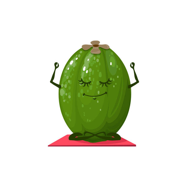 Cartoon feijoa fruit character in yoga pose. Funny ripe fruit mascot meditating on mat, vector happy smiling feijoa personage during spiritual practices. Comic feijoa fruit character doing yoga — стоковая иллюстрация Cartoon Feijoa Fruit Character Yoga Pose Funny Ripe Fruit Mascot Лицензионные Стоковые Векторы