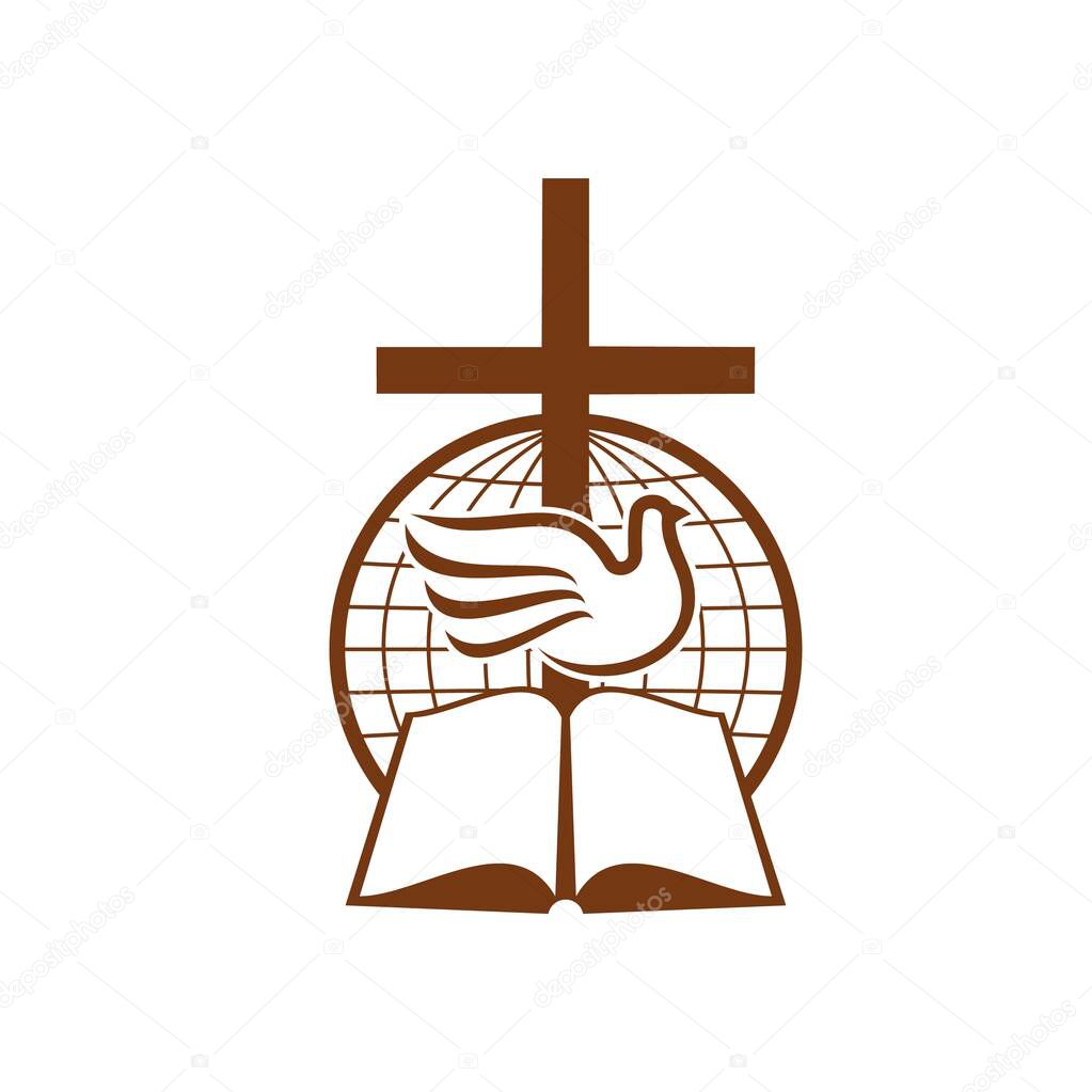 Symbol of christianity with globe, Bible book and dove. Christian religion, church or mission outline vector sign. Christian community emblem with sacred symbols and globe