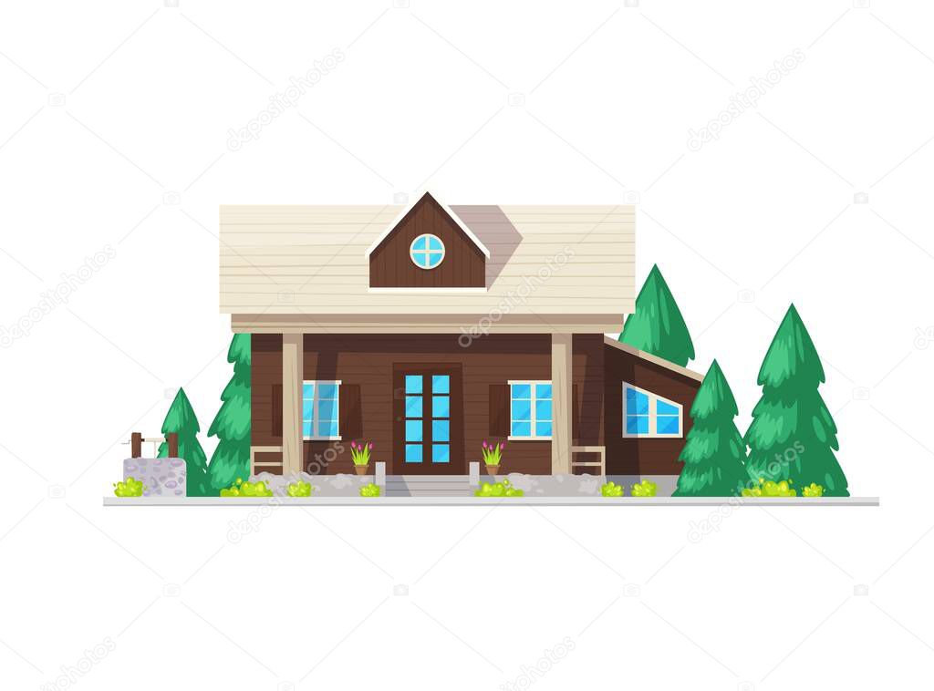 Residential house with wood plank facade, home exterior. Vector suburban building, cottage, private luxury villa. Apartment with attic, windows and stone rope well, isolated cartoon village property