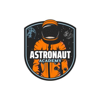 Uzay giysisi ve miğferinde vektör uzay adamı olan Astronomi Akademisi ve uzay ikonu, Dünya gezegeni, galaksi evren yıldızları ve asteroit. Astronomi eğitimi ve astronot eğitim merkezi geçmişe dönük rozet veya yama
