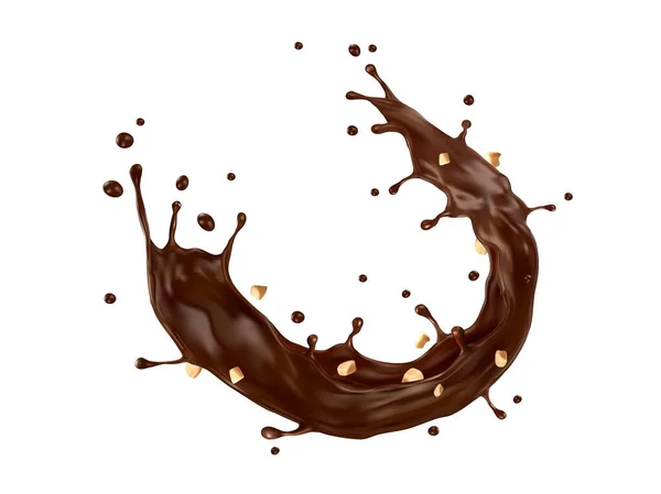 Chocolat Café Lait Tourbillonnent Éclaboussures Arachide Concassée Vecteur Isolé Onde — Image vectorielle