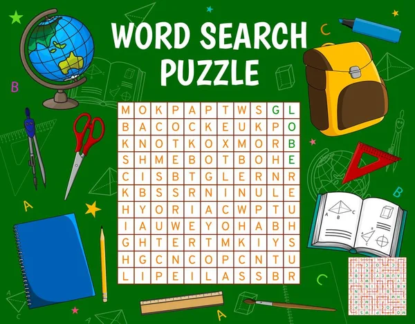 Okul ögeleri ve kelime kırtasiyesi bulmaca oyunu vektör çalışma tablosu. Çocuklar gizli kelimeleri bulma görevi ile test ızgarası, karikatür kalem, kitap ve küre, makas, boya fırçası ve cetvel ile karatahta