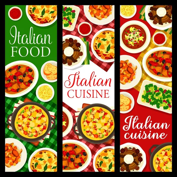 Italian Cuisine Meals Banners Mushroom Omelette Frittata Vegetable Soup Acquacotta — Stockový vektor