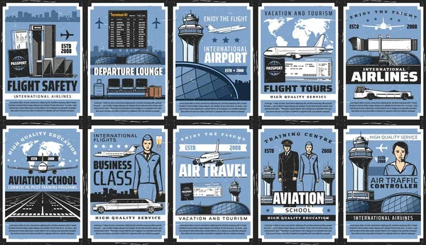 Havacılık Hava Yolculuğu Havaalanı Vektör Posterleri Uçak Uçak Pistte Uçak — Stok Vektör