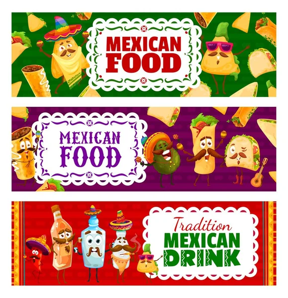 Cartoon Mexican Food Drinks Characters Vector Banners Tex Mex Meals — 스톡 벡터