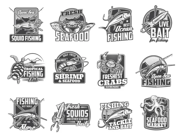 Sea Fishing Seafood Market Isolated Vector Icons Fisher Tackle Sea — Διανυσματικό Αρχείο