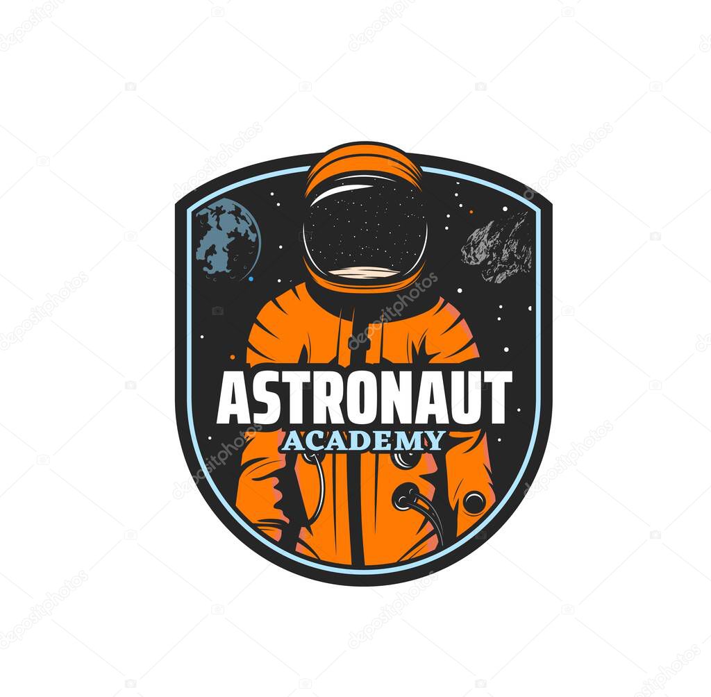 Astronomy academy and space icon with vector spaceman in spacesuit and helmet, Earth planet, galaxy universe stars and asteroid. Astronomy education and astronaut training center retro badge or patch