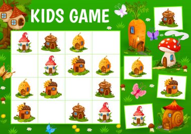 Sudoku game worksheet with beehive, acorn, oak and mushroom, vector cartoon houses. Kids game Sudoku or logic puzzle with fairy homes of elf or gnome huts, education tabletop board game