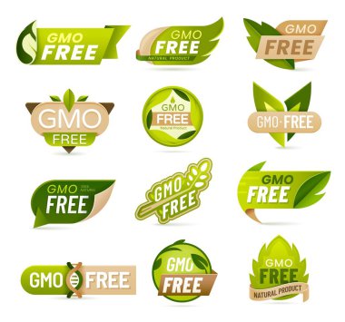 Gmo free food icons, vector labels or emblems for eco, vegan or beauty products. Paper badges for organic natural production, bio nutrition, gmo free certification warranty isolated tags