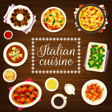 İtalyan mutfağı menü kapağı şablonu. Sarımsaklı brokoli, Acquacotta çorbası ve lazanya artığı, şarap soslu et ve Soffritto güveci, İtalyan kahvesi, Mont Blanc tatlı ve omlet Frittata.
